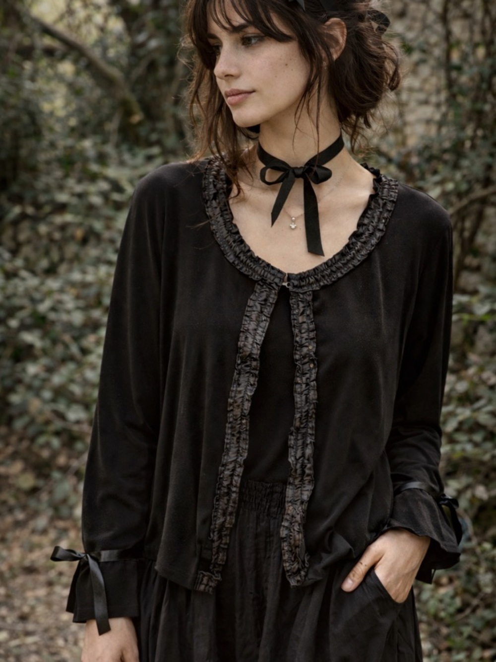 Black cardigan Satin Trim Sequins Whimsigoth Dark Romantic Tie Front Coquette